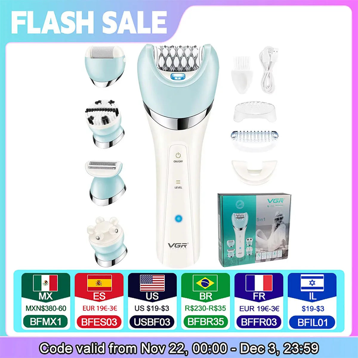 5-in-1 Electric Women's Epilator & Shaver - Ultimate Hair Removal & Facial Cleansing Tool